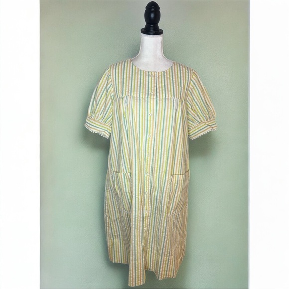 Vintage 60s 70s Seersucker House Coat Striped Lounge Dress Ric Rac Trim Mumu - Picture 3 of 14